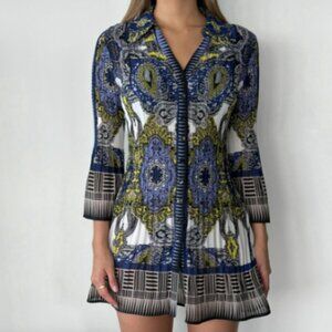 Alfani Geometric Paisley Print Pleated Crepe Feel Smart Collar Boho Mini Dress 6
